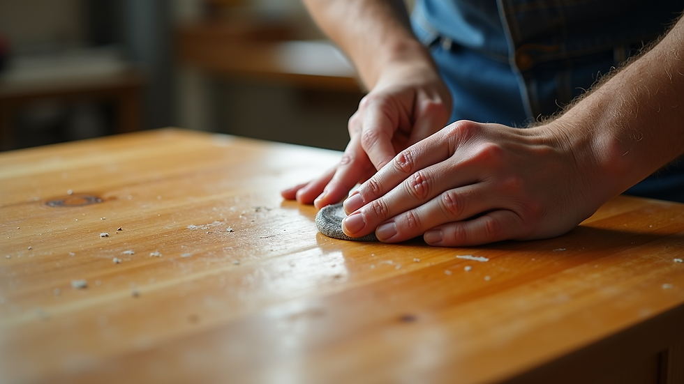 High angle view of a wooden table being polished with natural oil