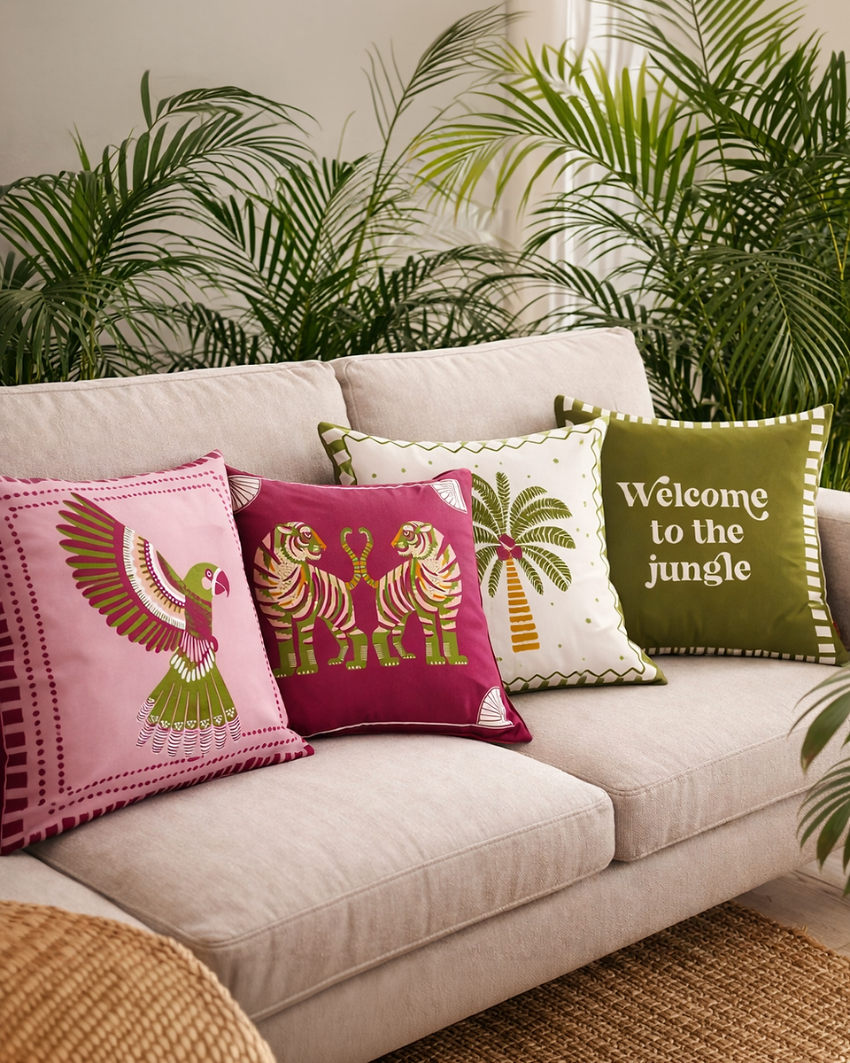 ropical cushion mix with bird, tiger, palm tree and Welcome to the Jungle designs by moDeern for Textilwerk