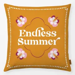 Mustard yellow Endless Summer cushion with hibiscus flowers and dotted border by moDeern for Textilwerk