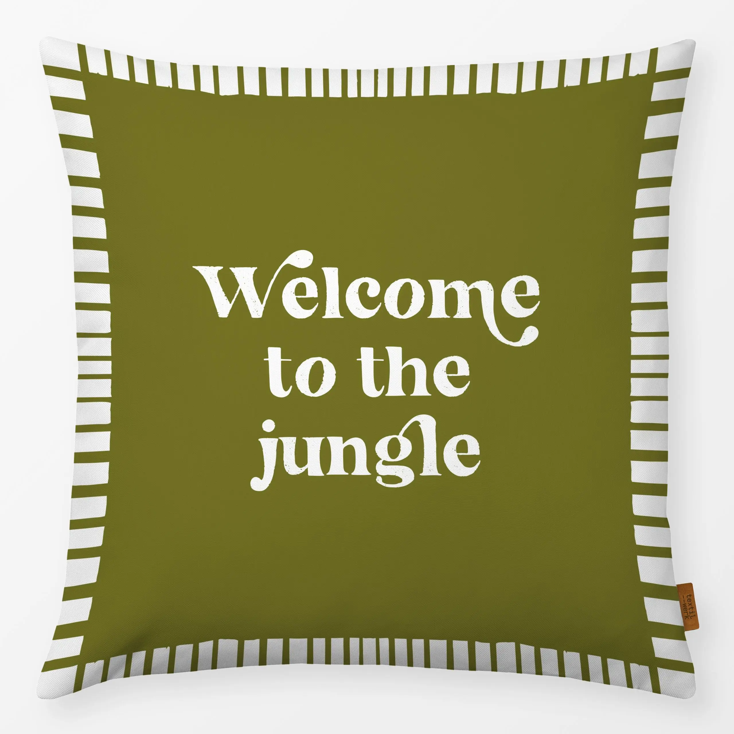 Olive green Welcome to the Jungle cushion with white lettering and striped border by moDeern for Textilwerk