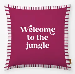 Berry red Welcome to the Jungle cushion with white lettering and striped border by moDeern for Textilwerk