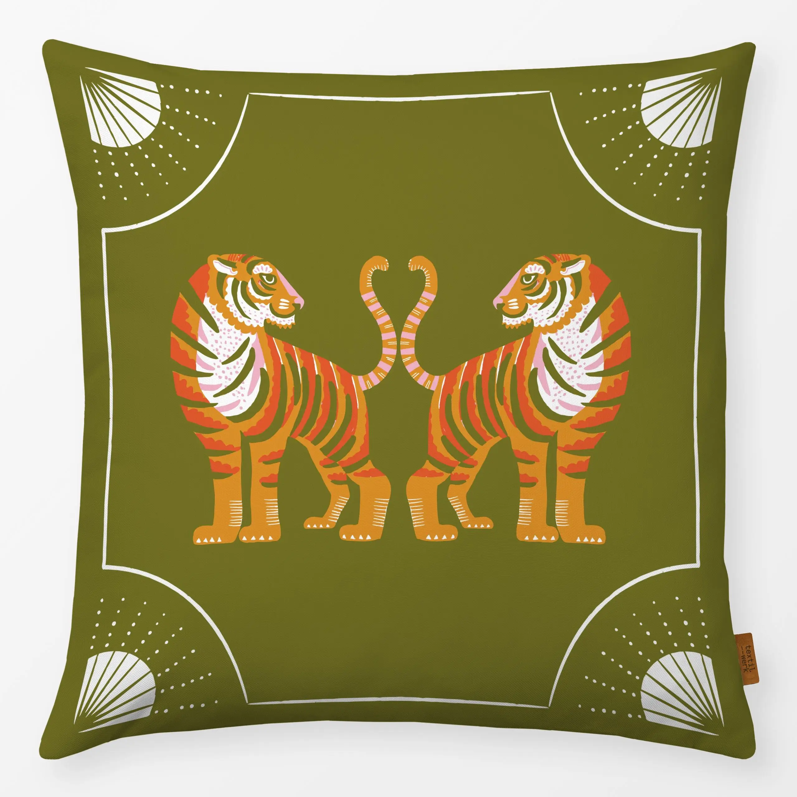 Olive green cushion with mirrored tiger illustration and decorative white border by moDeern for Textilwerk