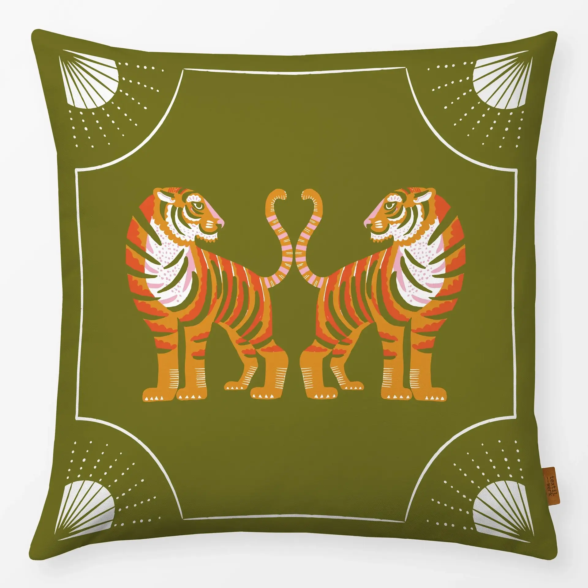 Olive green cushion with mirrored tiger illustration and decorative white border by moDeern for Textilwerk