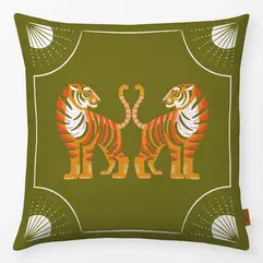 Olive green cushion with mirrored tiger illustration and decorative white border by moDeern for Textilwerk
