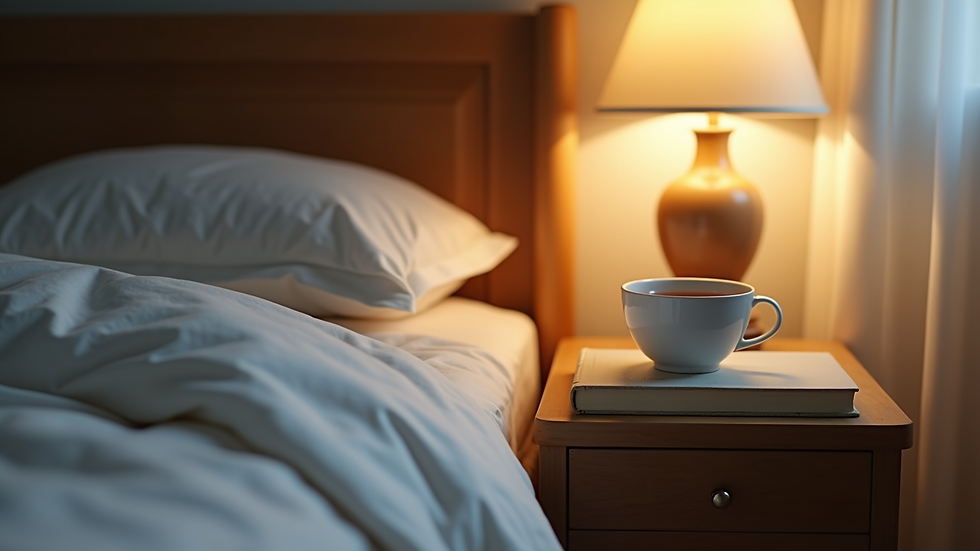 Close-up view of a bedside table with a dim lamp, a book, and a cup of herbal tea