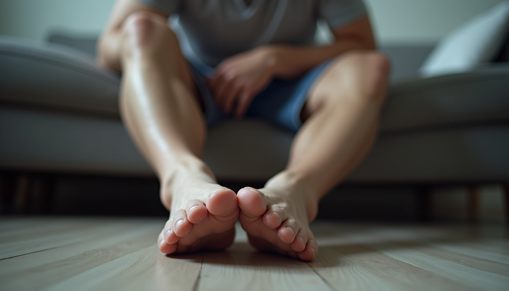 Close-up view of a man's legs resting on a couch, showing discomfort