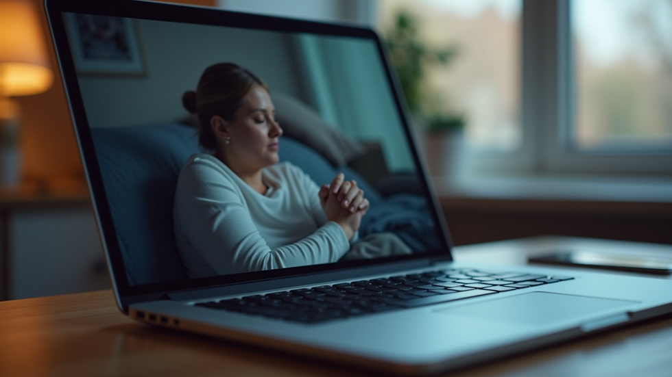 Close-up view of a laptop on a desk with a video call screen showing a sleep coach session