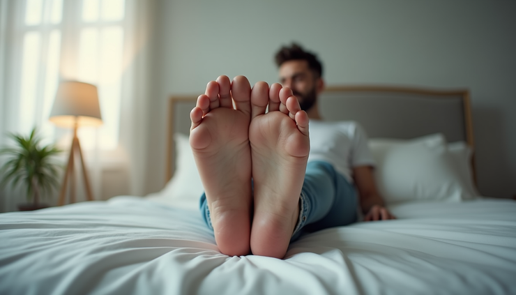 Eye-level view of a man sitting on a bed, stretching his legs to relieve discomfort