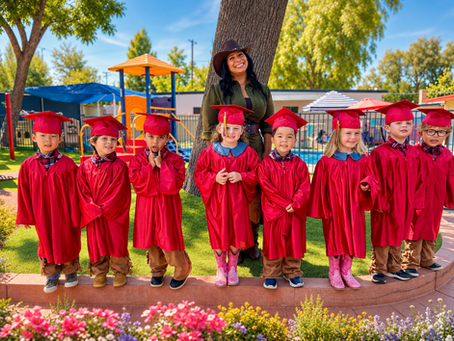 Teacher standing behind a group of preschool graduates wearing red caps and gowns, posing outdoors in front of a playground. The children smile and stand along a low garden wall surrounded by colorful flowers, celebrating graduation at a preschool campus.