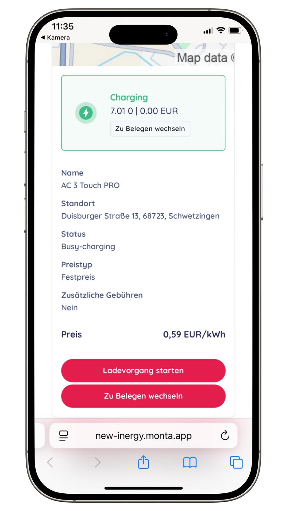 screenshot der Seite die nach dem Scannen des QR Codes angezeigt wird