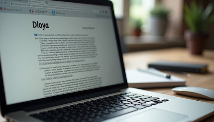 Eye-level view of a laptop screen displaying a blog draft with notes and highlights