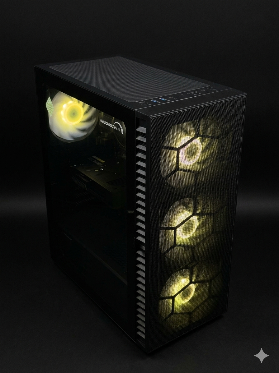 High-performance gaming PC case featuring RGB lighting and NVIDIA RTX 5060 graphics card