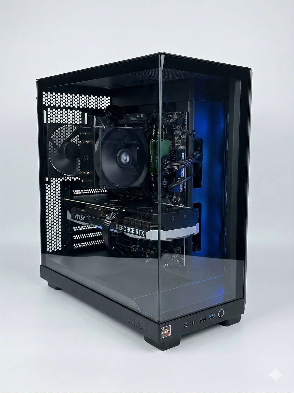 Angled view of a custom-built gaming PC housed in a black NZXT H6 Flow dual-chamber glass case, showcasing internal component