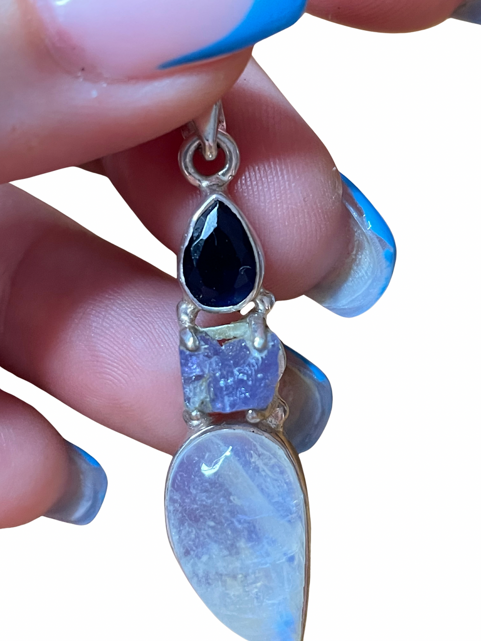 Miniatura: Ciondolo argento con zaffiro-tanzanite e labradorite bianca 