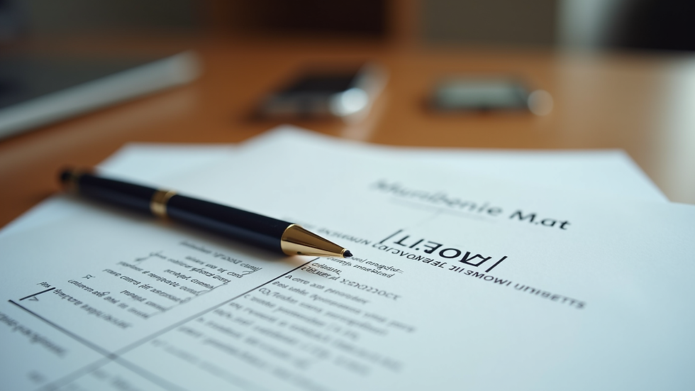 close-up view of legal documents and a pen on a wooden desk