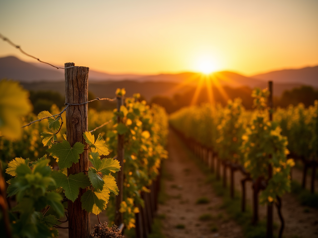 A stunning landscape of a Mallorcan vineyard at sunset, glowing with golden solar light.
