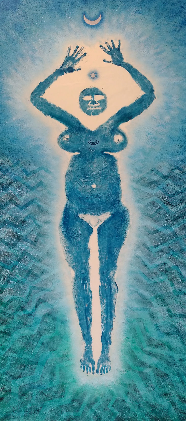Stella Maris, contact body print, stencils, acrylic on cotton, 9 ft x 5 ft