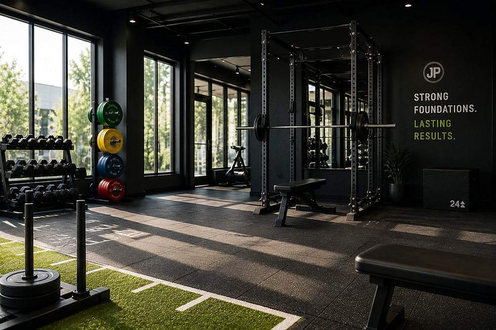 Modern gym with training equipment and 'Strong Foundations. Lasting Results.' sign
