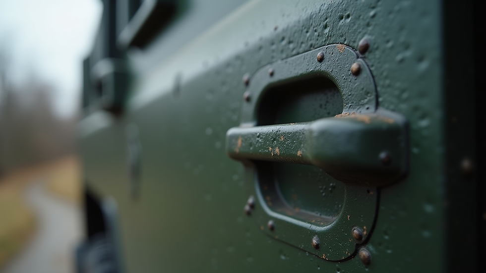 Close-up view of armored vehicle door handle