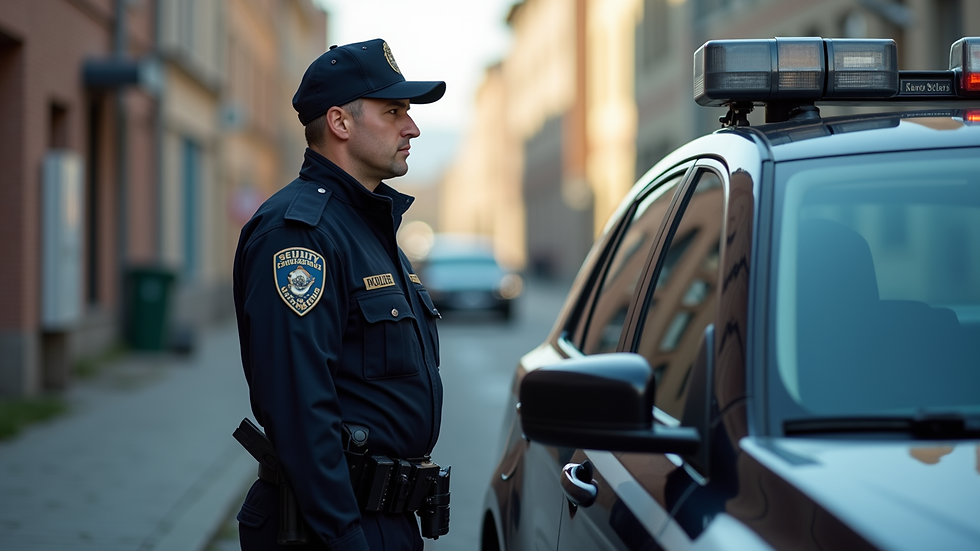 Eye-level view of a uniformed security guard standing beside a patrol vehicle