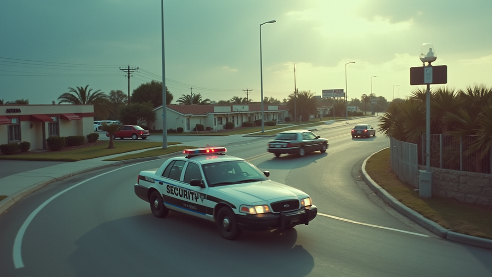 High angle view of a security guard conducting a mobile vehicle patrol around a commercial property in Florida