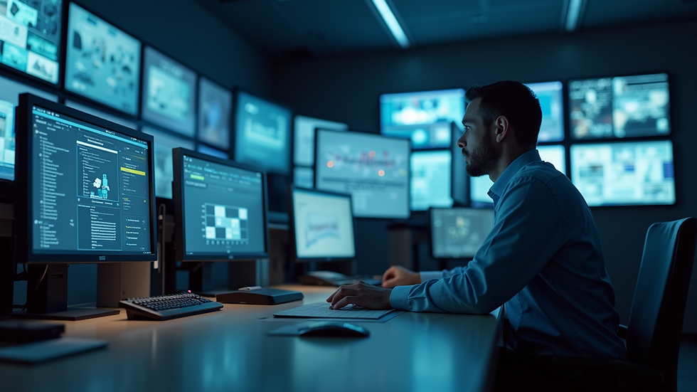 Close-up view of a security control room with multiple screens
