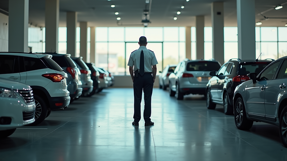 Wide angle view of a security guard patrolling a commercial parking lot