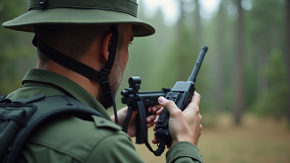 Close-up view of a security ranger using a communication device during a patrol