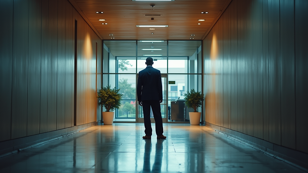 Eye-level view of a security guard standing at a commercial building entrance