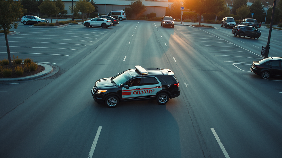 High angle view of a security patrol vehicle driving through a parking lot