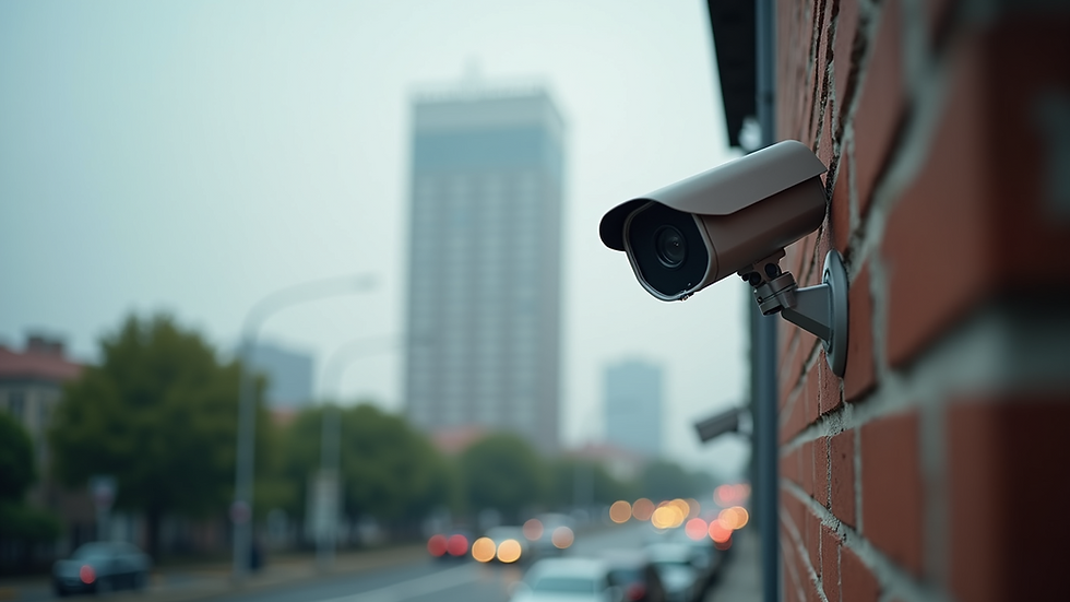 Eye-level view of a security camera mounted on a building corner