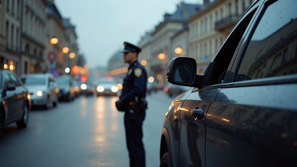 Eye-level view of a uniformed security guard standing beside a patrol vehicle