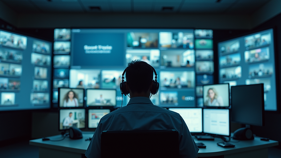 Eye-level view of a security guard monitoring surveillance cameras in a control room