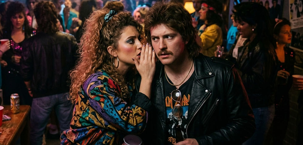 Firefly_GeminiFlash_party guests whispering suspicious cinematic lighting 1980s theme part
