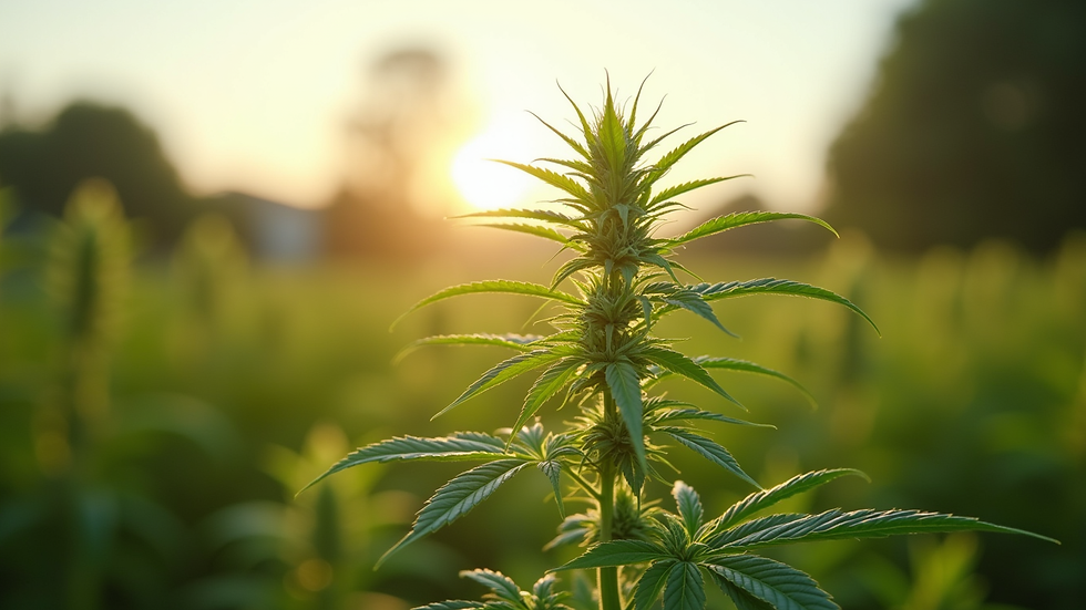 Eye-level view of a hemp plant growing outdoors in natural sunlight