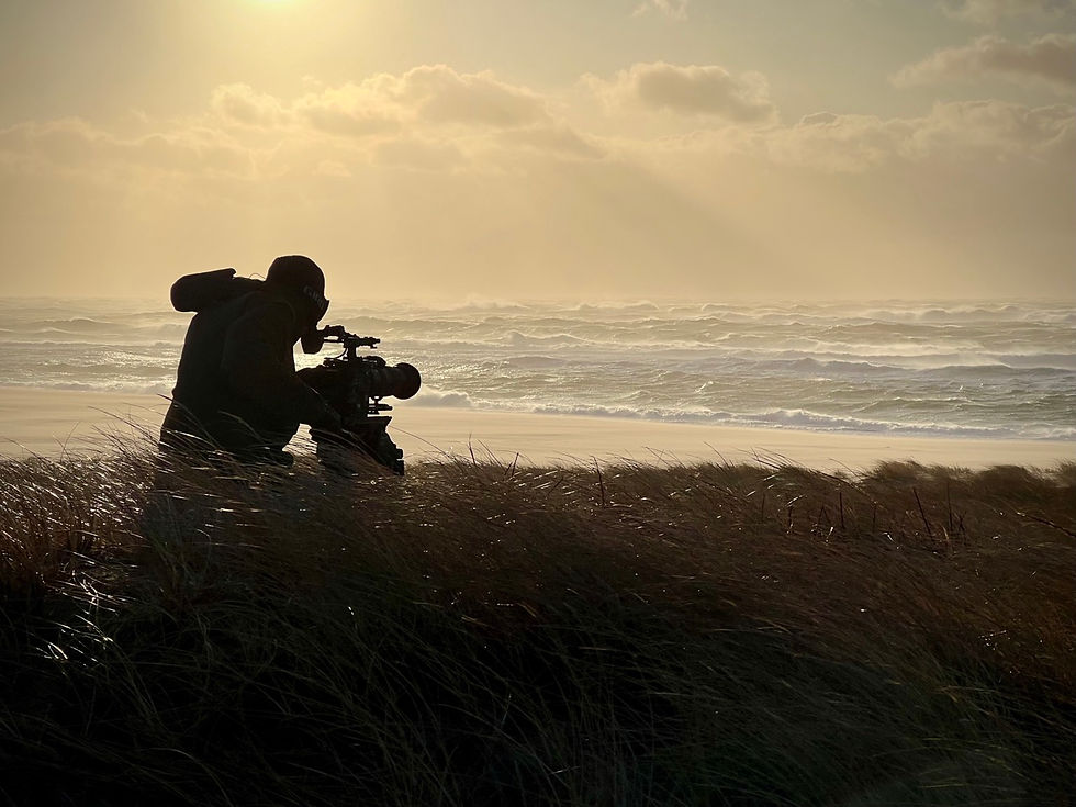 Filming sunset on a windswept west side of Sable Island