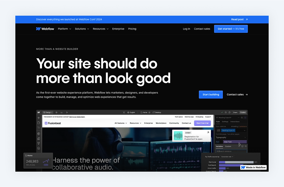 pagina del creador de paginas web de Webflow