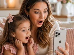 Mãe e filha recebendo o seu convite digital