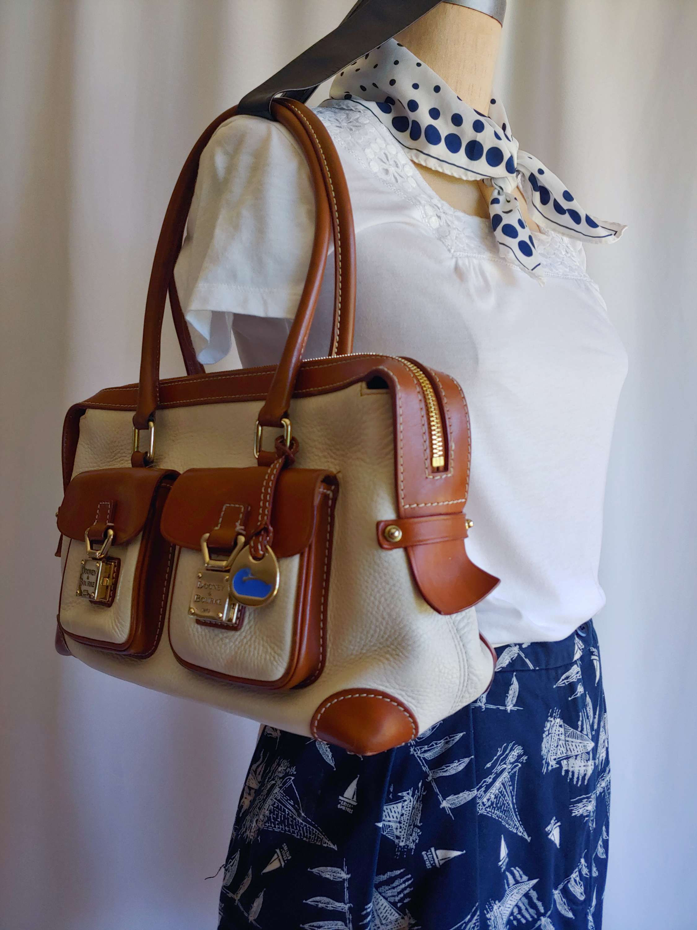 90s Dooney & Bourke Satchel Handbag / Cream and Tan Leather Purse / Large Handba