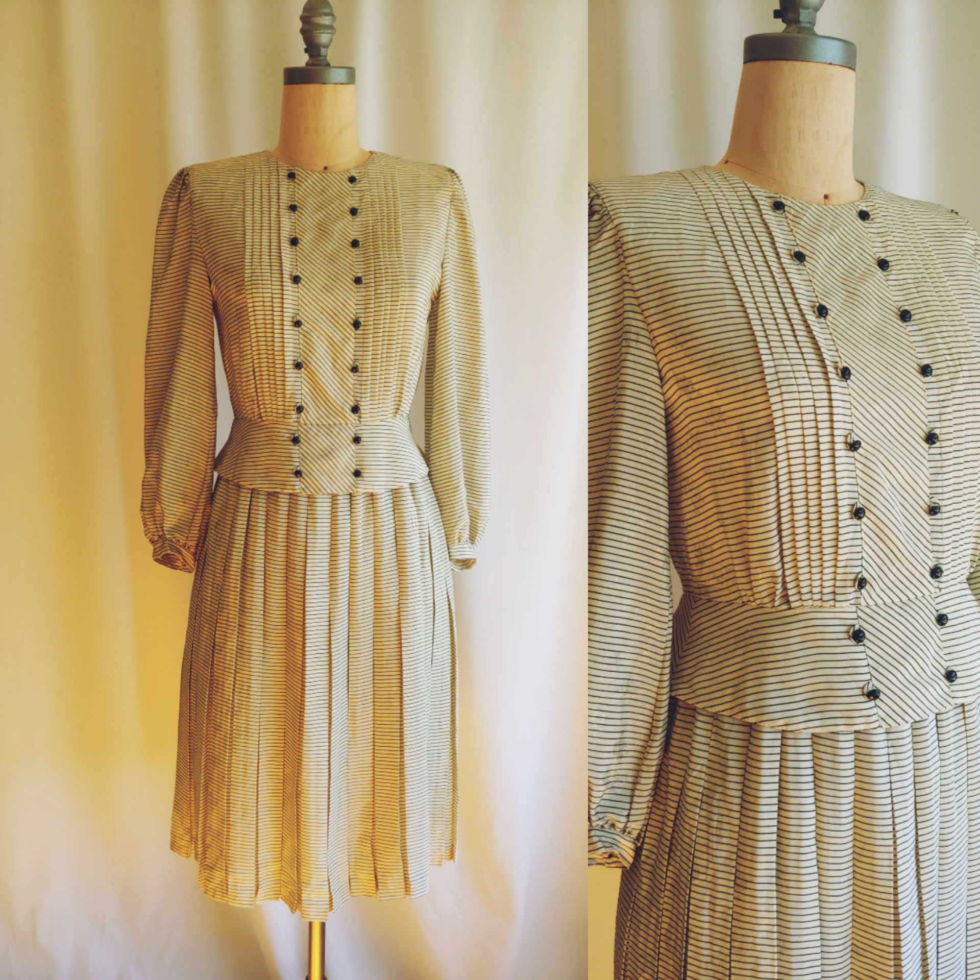 Vintage Japanese pinstripe dress pleated cream black small