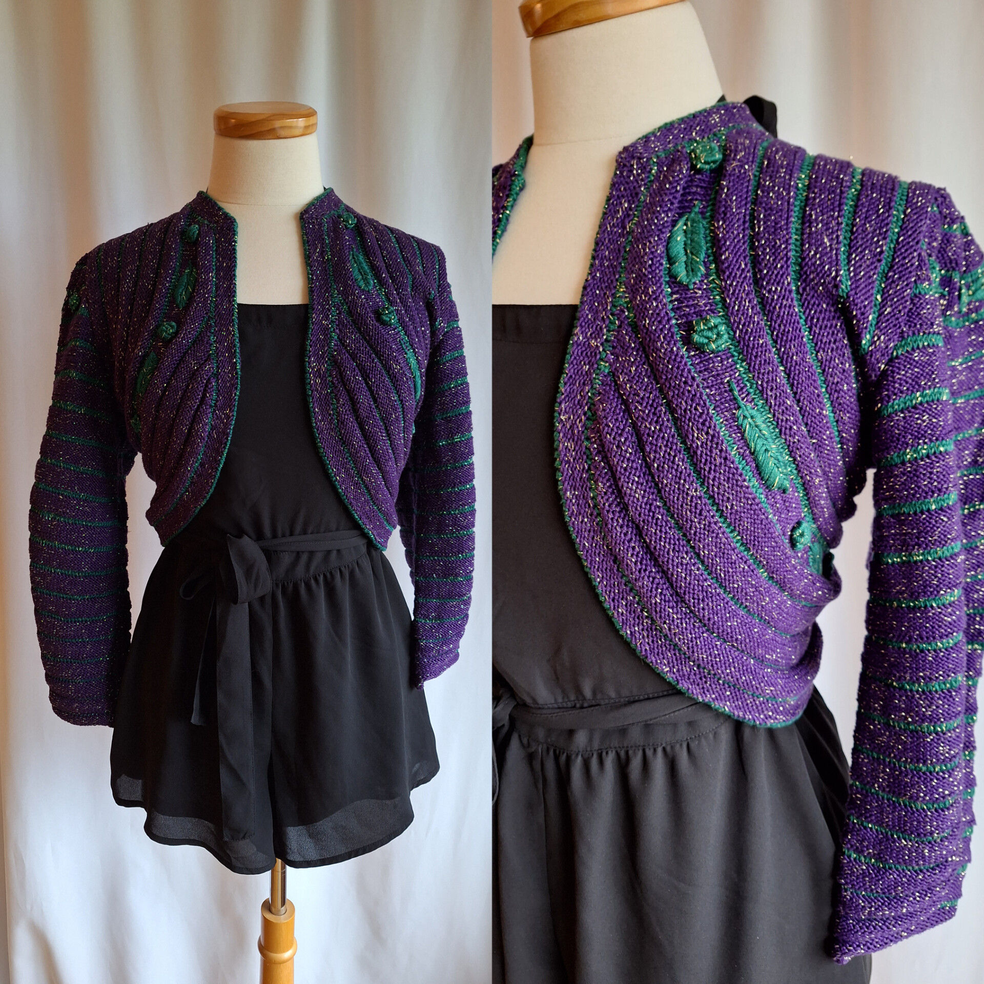 70s metallic hand knit bolero deep purple emerald green xsmall