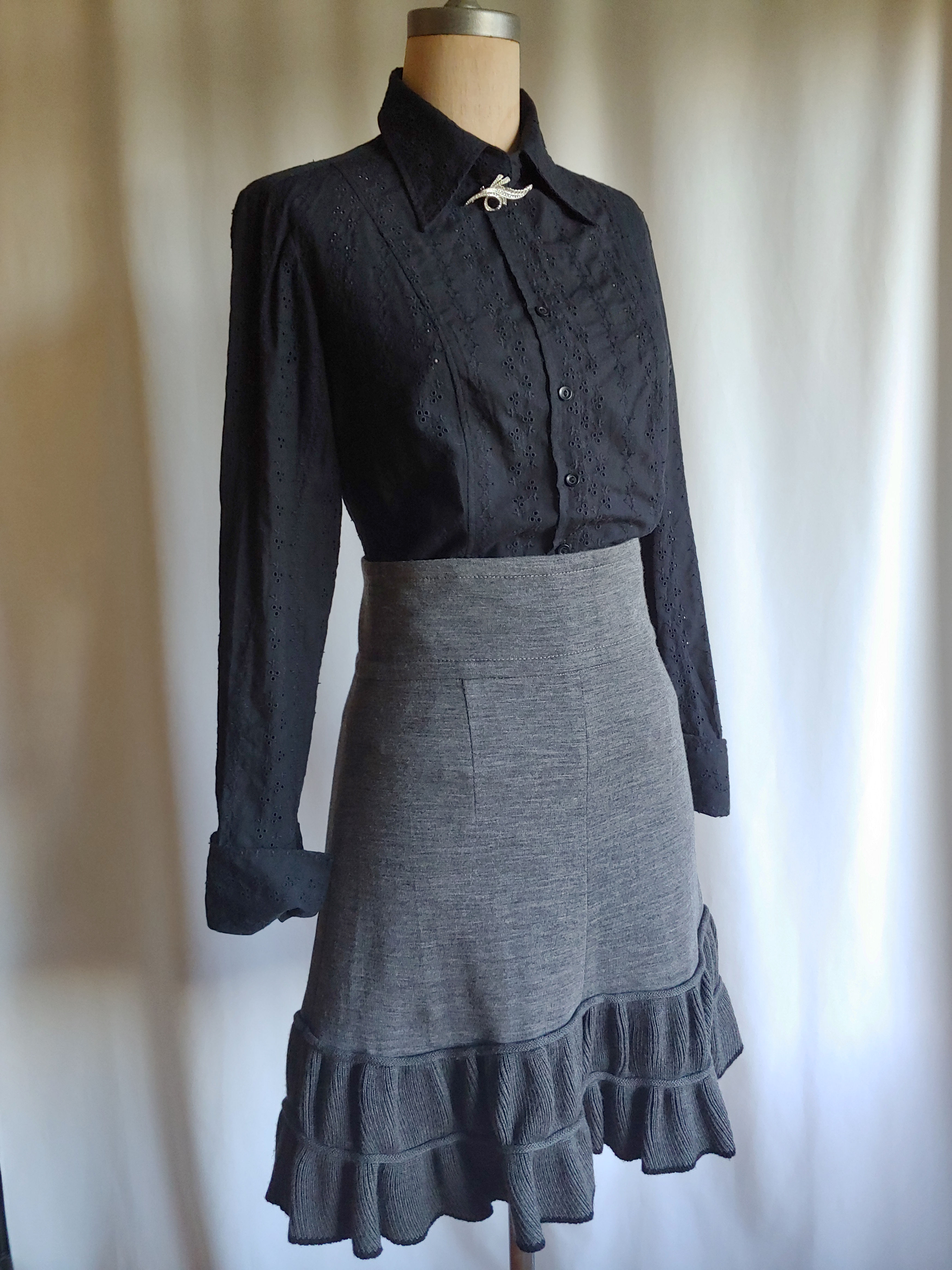 Sonia Rykiel Ruffle flounce skirt gray A line with gathered wool frill 38 small