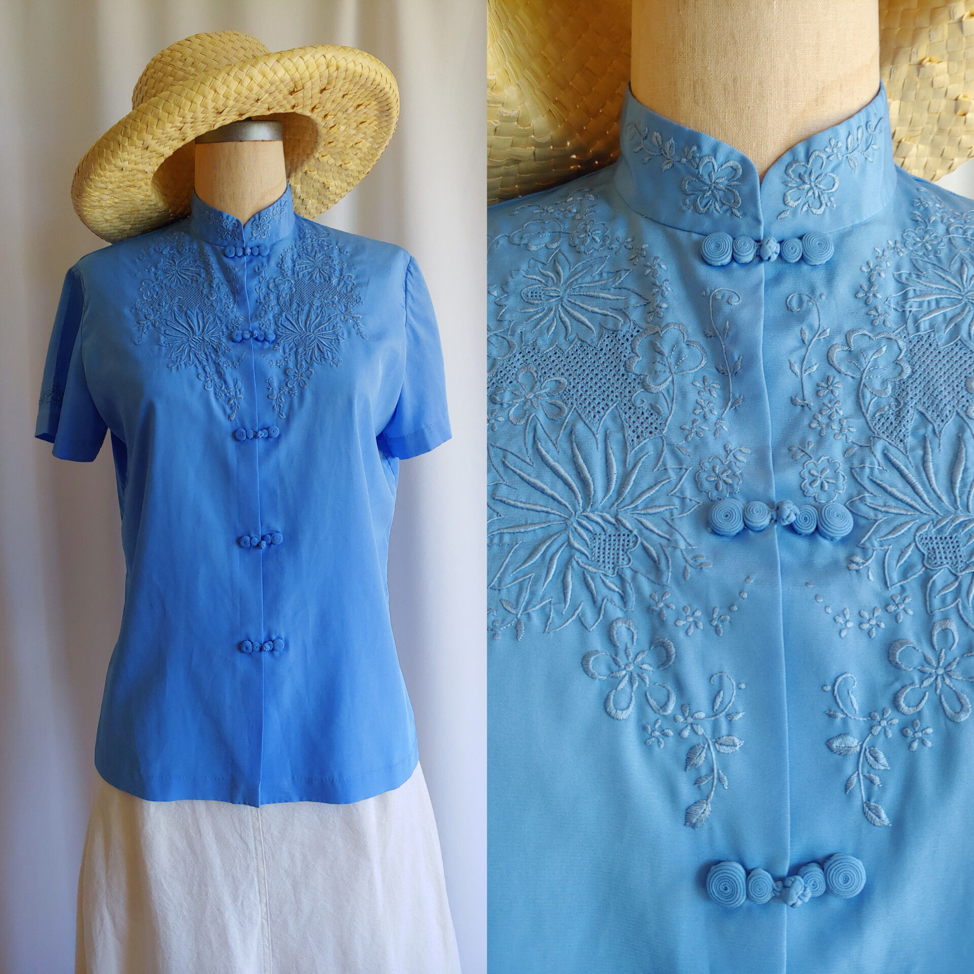 Silky hand embroidered oriental blouse Large