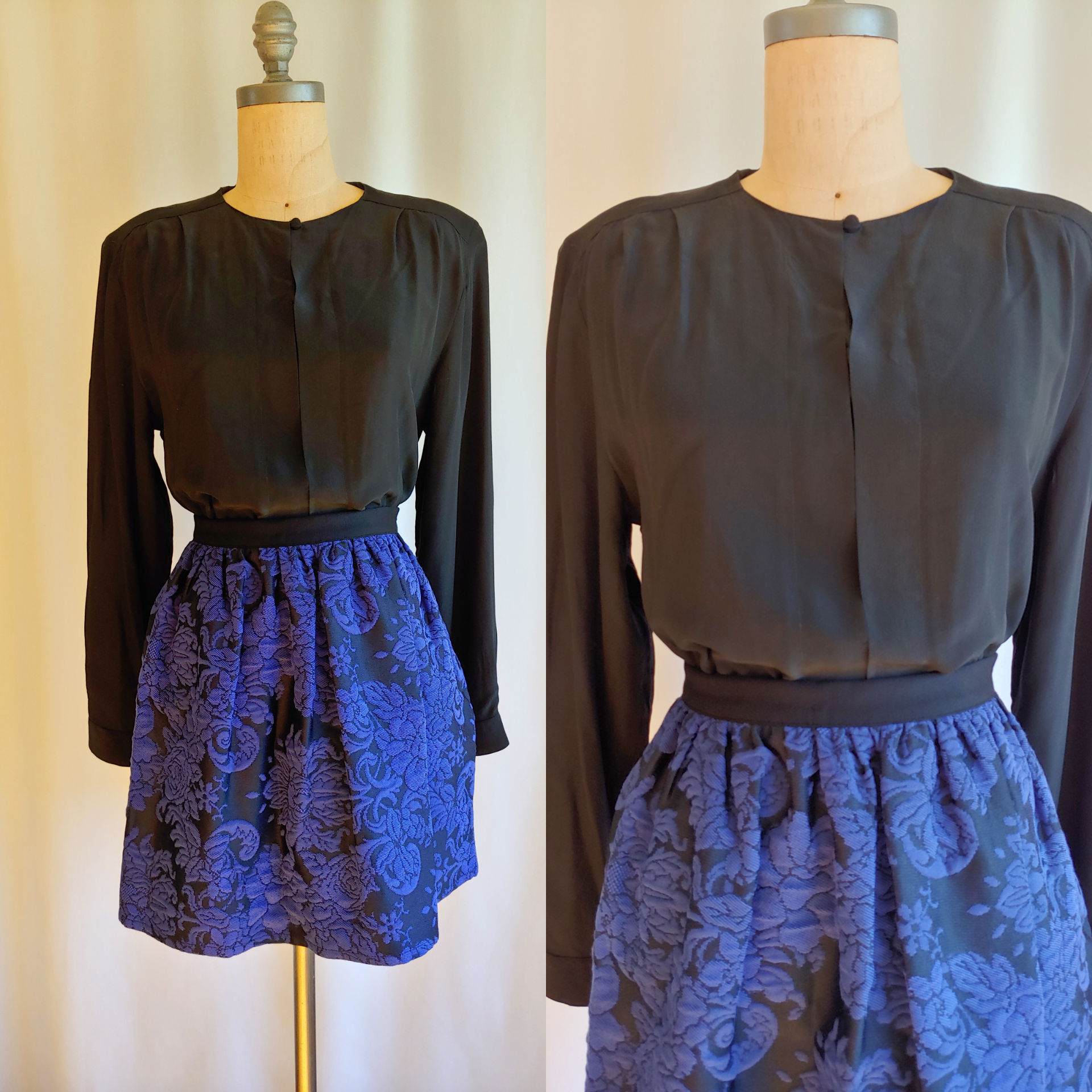 Black Silk Edwardian Blouse, Keyhole Blouse, Fitted Waist Blouse, Long