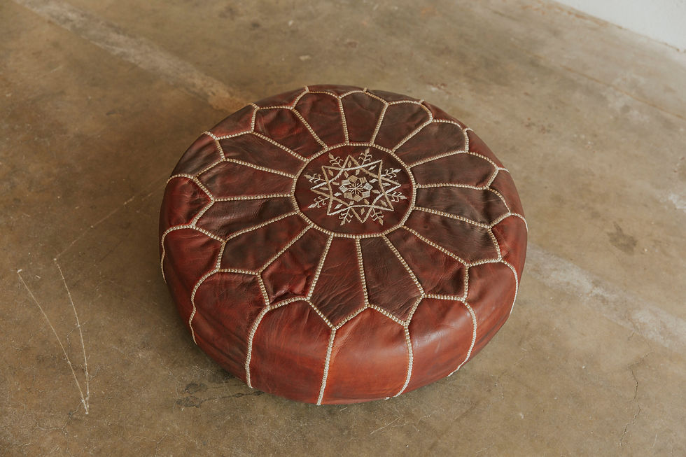 Thumbnail: Brown leather pouf with geometric stitching