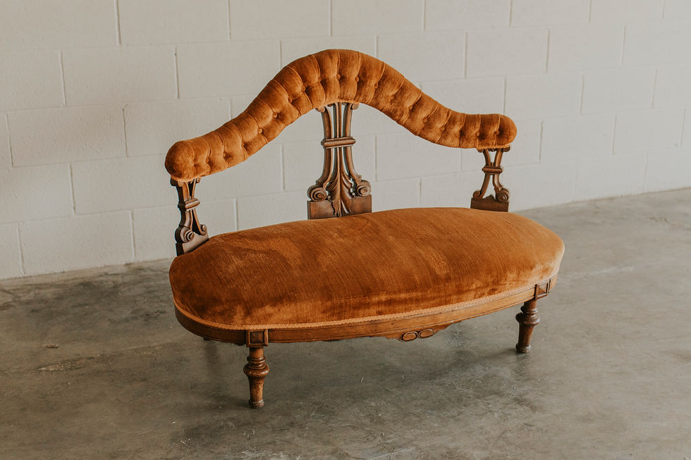 Antique orange velvet tufted settee