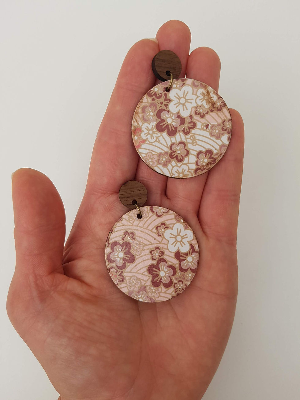 Thumbnail: Sakura story lightweight wooden dangle earrings 40mm