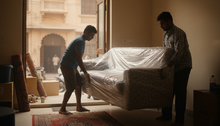 Eye-level view of movers carrying a wrapped sofa through a residential doorway