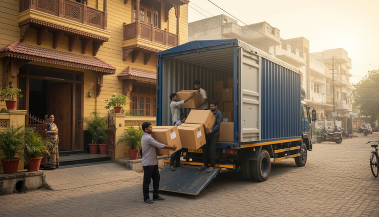 Wide-angle view of a covered moving truck outside a home in Indore