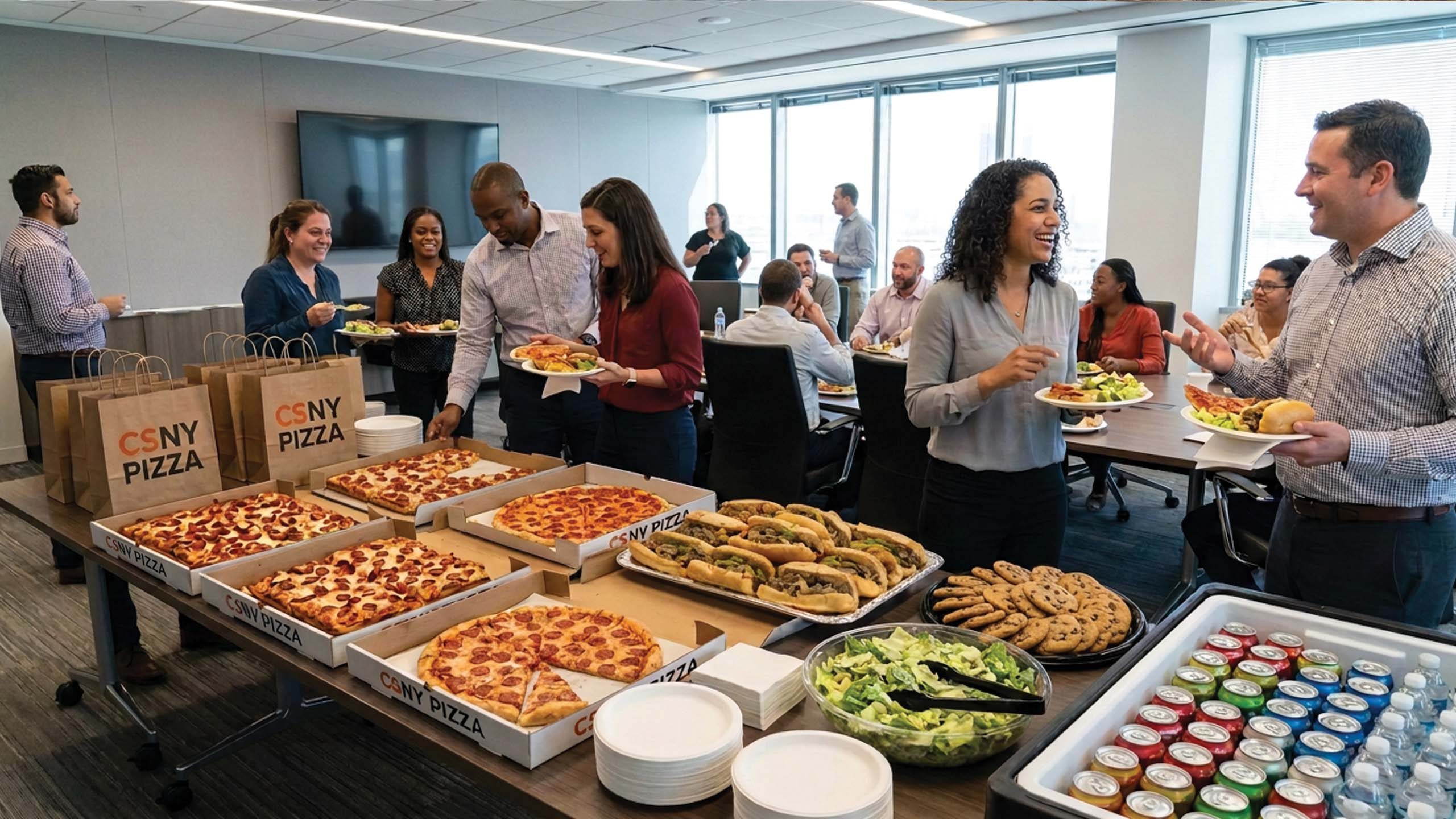 A CSNY Pizza catering spread